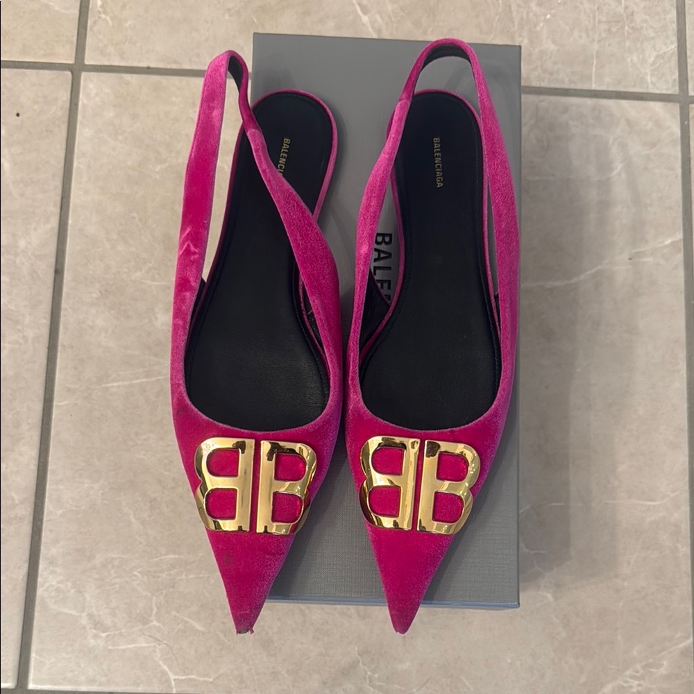 Balenciaga Slingback Pink with Gold Logo.